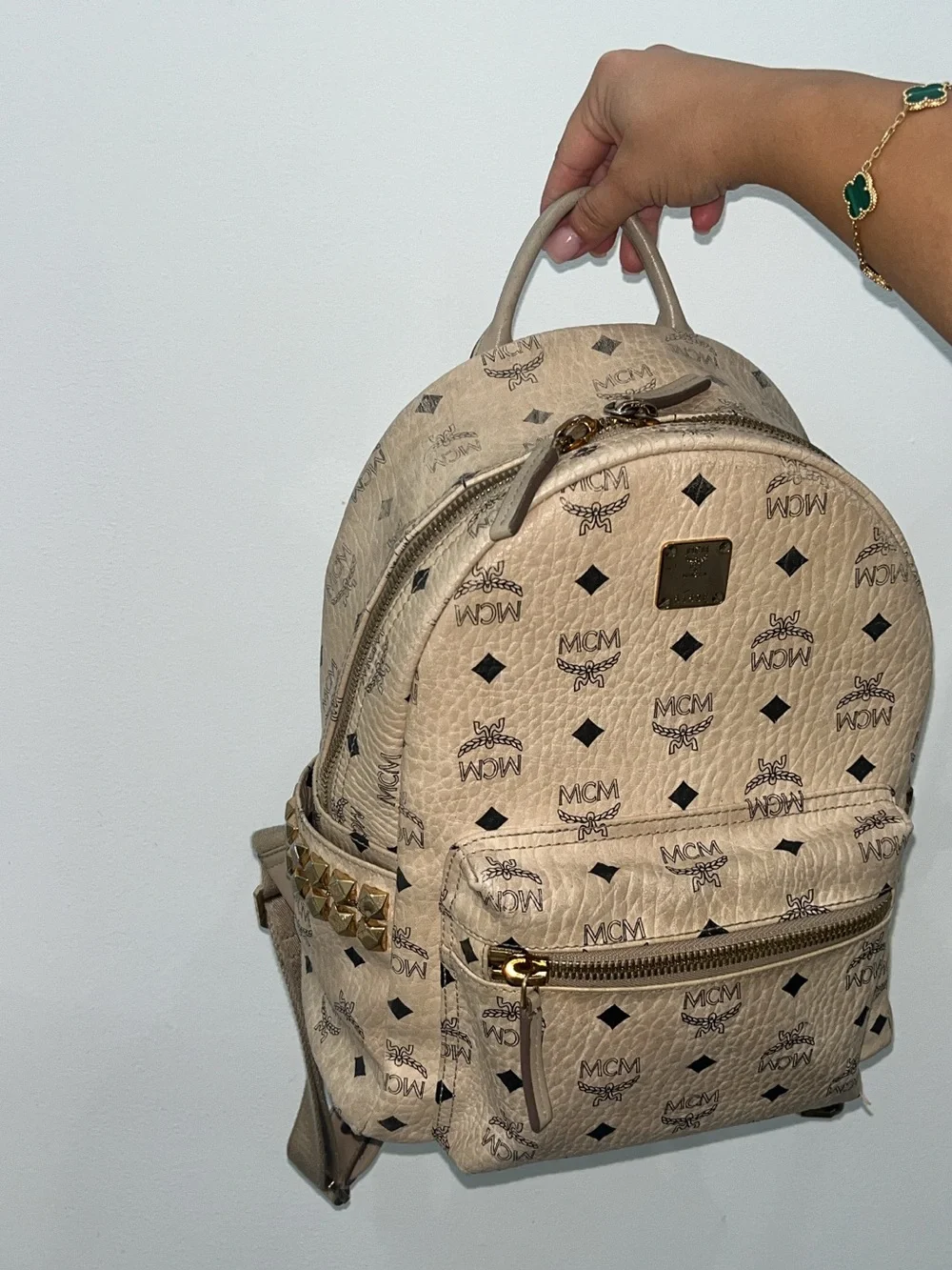 MCM Beige Logo Visetos Mini Backpack with Gold Hardware